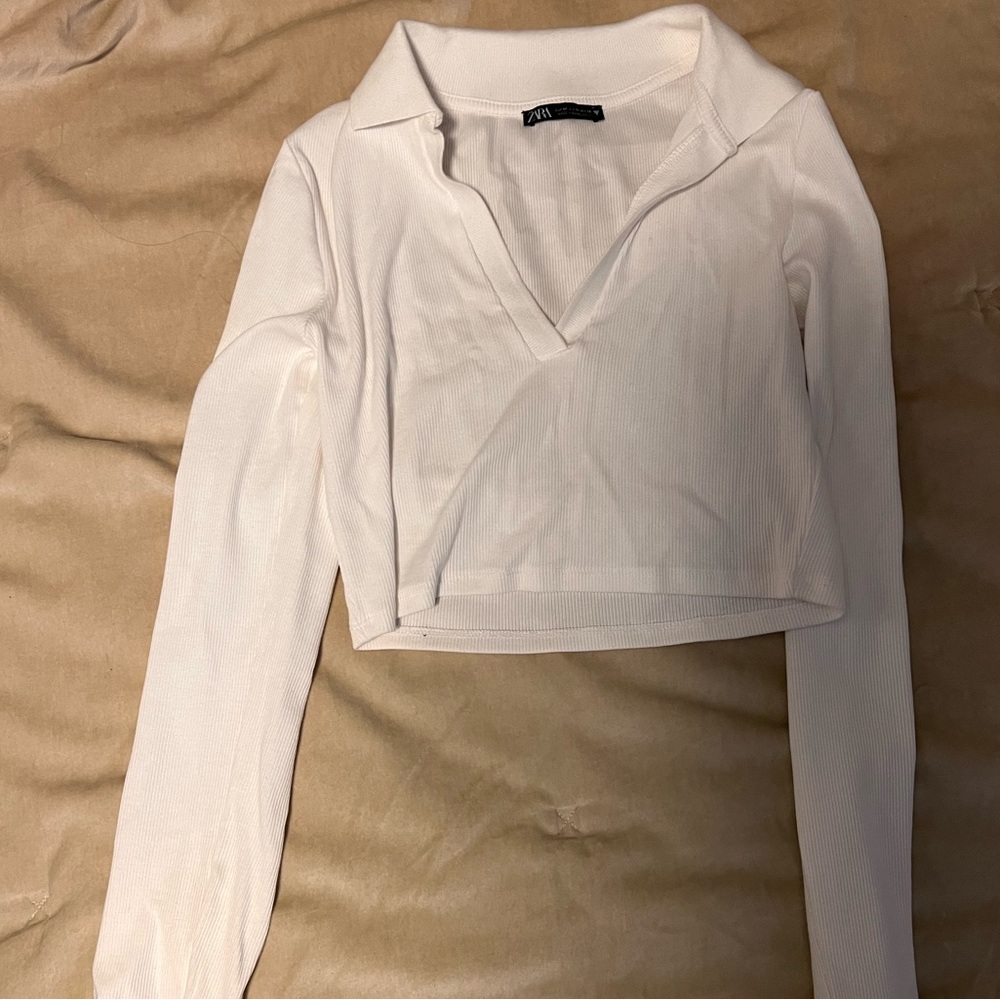 Zara White Collared Long Sleeve Crop Top